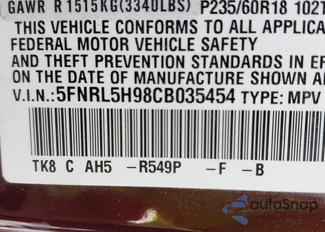 2012 Honda Odyssey Touring/Touring Elite z USA, uszkodzony, nr VIN 5FNRL5H98CB035454